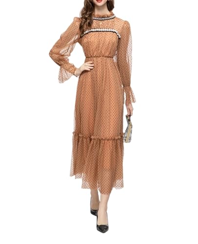 Women's Casual Dots Printed Beaded Striped Dresses Summer Crewneck Long Sleeves Party Dress