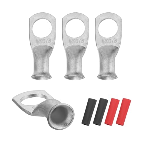 sourcing map 4pcs 6 AWG M10 Battery Lugs Ring Terminals, 3/8 10mm Stud Crimp Wire Terminal Connector End Copper, 3:1 Heat Shrink Tubing, Silver