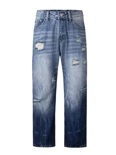 Men Ripped Jeans Vintage Washed Hip Hop Y2k Style Denim Pants Distressed Straight Leg Baggy Trousers