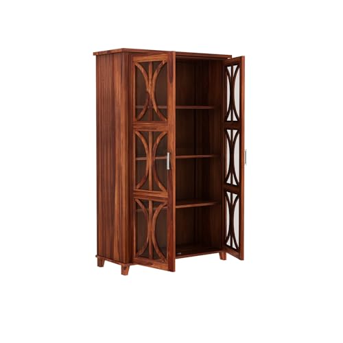 Image of Wooden Crockery Cabinets with Glass Door | Wooden Showcase Almirah | Solid Wood Book Shelf Crockery Unit for Kitchen Living Room
