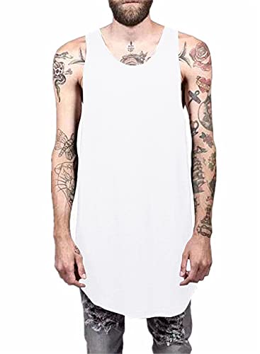Mai Poetry Men Fashion Hip Hop Long Vest Gym Tanks Longline Tops Black Tanks (White, Large, l)