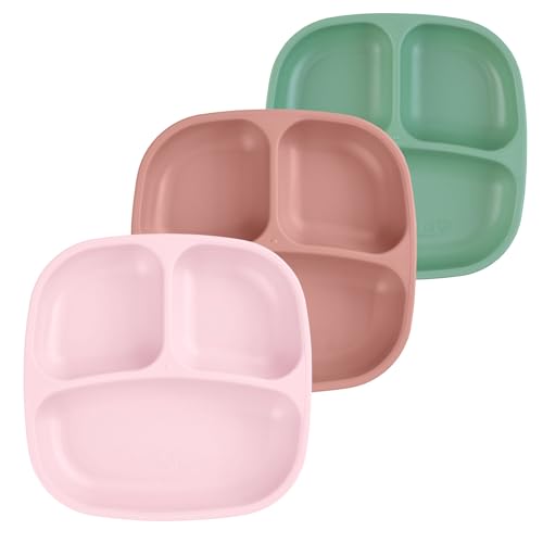 Image of Re-Play Toddler Plates with Dividers - Deep-Walled 3 Compartments Divided Plates for Kids - Dishwasher & Microwave Safe - Made in USA - Set of 3-7.37" x 7.37" x 1.25" - Blossom