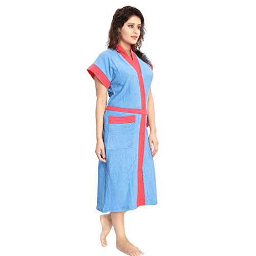 Image of bathrobes terry cotton free size bathrobe for women, bathsuit fit up to 42 inches chest size ladies - Red Strip Blue bathrobe