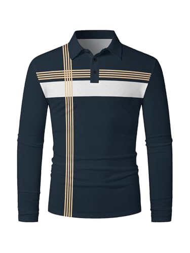 Mens Fashion Long Sleeve Polo Shirts Casual Golf Shirts Color Block Cotton Top2
