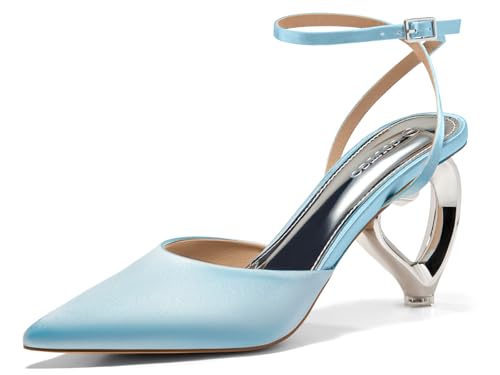 Image of Coutgo Womens Kitten Heels Closed Pointed Toe Heart Heel Ankle Strap Satin Pumps Wedding Prom Dress Valentine Shoes