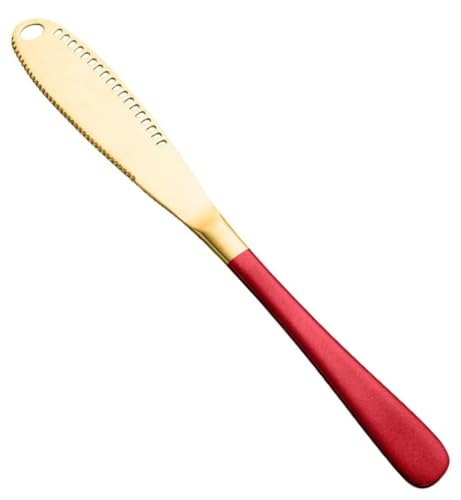 Image of Butter Spreader Knife, Stainless Steel, 3 in 1 Kitchen Gadgets, Curler, Butter Grater, Shredding Slots and with Serrated Edge Knife with Hole(Gold-Red, Pack of 1)