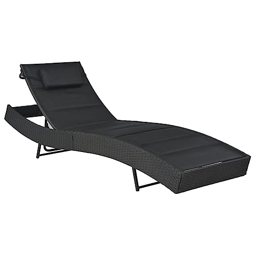 JHQHSM Chaise longue en rotin synthétique et textilène - Noir - Meubles de jardin avec dossier réglable et coussin doux - Pour terrasse, piscine, bain de...