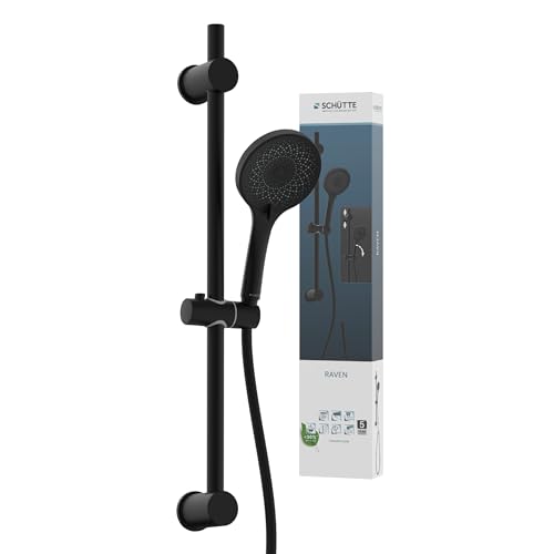 SCHÜTTE RAVEN - Barra de ducha y alcachofa de ducha con cabezal de ducha ajustable en 3 posiciones, juego de ducha con columna de ducha, panel de ducha de lluvia con manguera, color negro