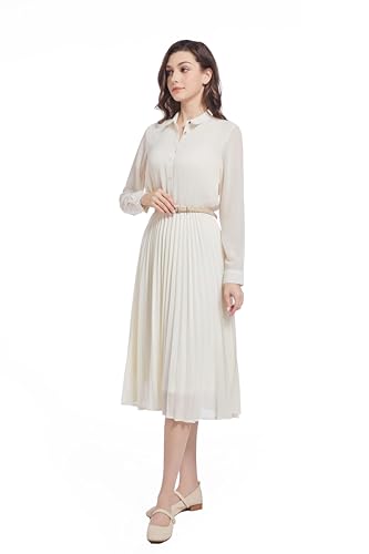 Image of Business Casual Shirt Dress for Women Long Sleeves Pleated Midi Dresses with Belt