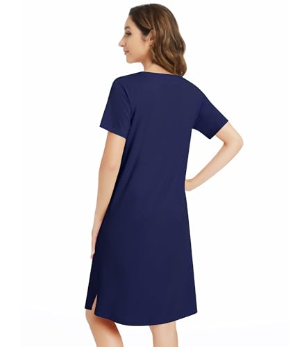 Image of NACHILA Nightgowns for Women-Viscose Made from Bamboo,Short Sleeve Nightshirts V Neck Sleep Shirt Loose Sleep Dress