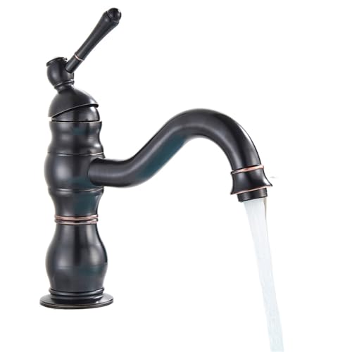 HADECOLL Grifo De Lavabo Dorado, Monomando, Mezclador De Agua Fría Y Caliente, Grifo para Lavabo De Baño, Grifo Giratorio De Latón Antiguo, Grifo Corto, Latón Antiguo, Bronce Negro Corto