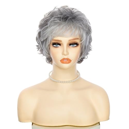 yinxx240708 Short Curly Silvery Gray Old Lady Wig Fluffy Natual