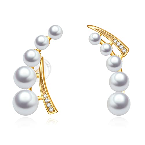 Joerph Pearl Ear Climber Earrings With 14K Gold Plated 925 Sterling Silver Freshwater Pearl Ear Cuff Crawler Ear Pin Climber Stud Earrings Jewelry For Women Girls #TOP6