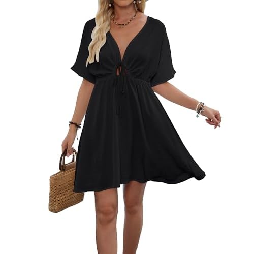 Eddoyee Wome's Swimsuit Coverup V Neck Hollow Out Beach Bathing Suit Flowy Swim Coverup Mini Dress A Black Large