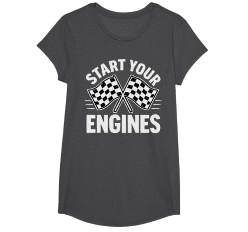 Start Your Engines Vintage Check Flag Race Car Costume T-Shirt, Girls, Dark Heather Grey, Medium