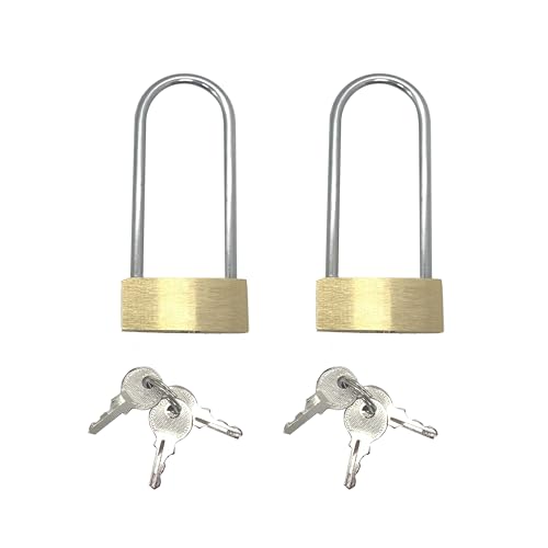 2 Pack Long Locks with Key Long Shackle Weatherproof Padlocks Keyed Alike Solid Brass Light Duty 1-1/2