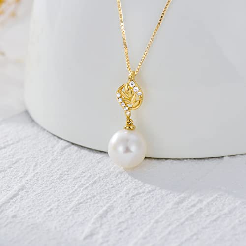 14K Gold Diamond Leaves Pearl Necklaces For Women, Real Gold Box Chain And Pendant, Anniversary Present For Wife, Christmas Jewelry Gifts For Her, 16-18 Inch #TOP3