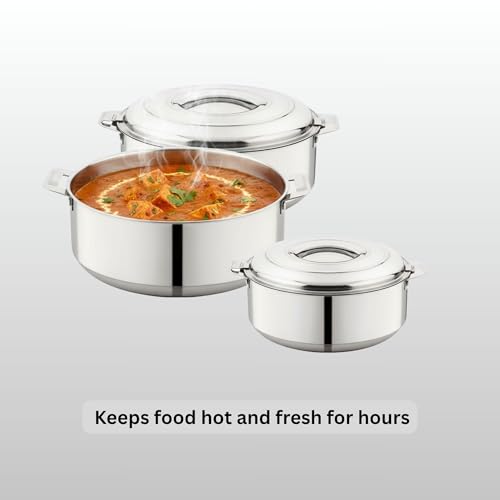 Image of 1000 ml, 1500 ml, 2500 ml Double Wall Insulated Stainless Steel Casserole Set of 3 | Hot Pot for Roti, Rice, Gravy, Curry | Silver Hot Box with Steel Lid & Twist Lock