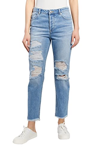 O A T NEW YORK Women's High Rise Straight Relaxed Denim Jeans, with Knee Destruction and Five Functional Pockets