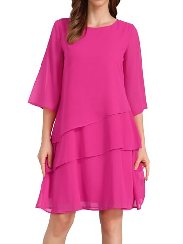 Image of Seta T Women's Chiffon Dresses 3 /4 Bell Sleeve Crewneck Tiered Layered Flowy Dress Party Wedding Outfits