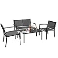 Flamaker 4 Pieces Outdoor Patio Furniture Textilene Modern Conversation Black Bistro Set with Loveseat Tea Table for Home, Lawn and Balcony
