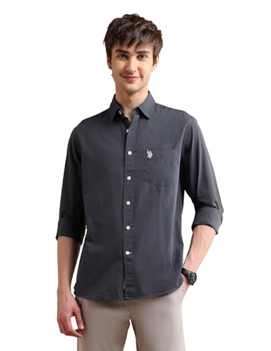Image of U.S. Polo ASSN. Solid Regular Fit Shirts for Men - 100% Cotton, Full Sleeve Mens Casual Shirts