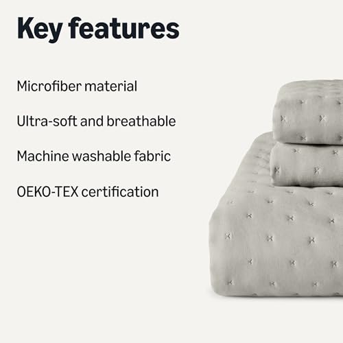 Image of Amazon Basics Brushed Microfiber Quilt Set, Extra Soft with Natural Texture, 3-Piece, King, Grey