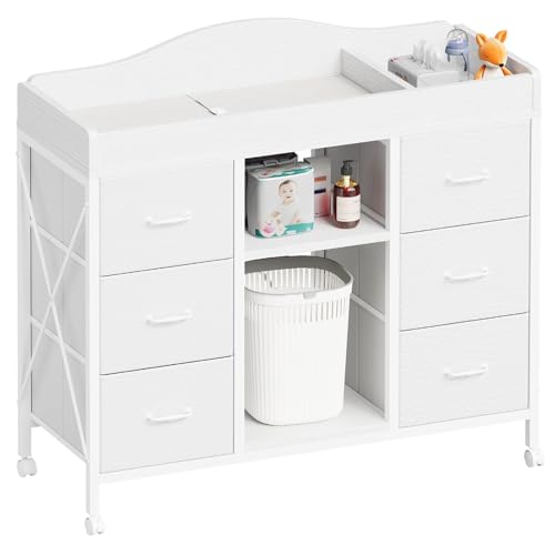 Image of Yetom Changing Table, 6-Drawer Baby Dresser with Changing Table top, Waterproof Diaper Changing Station & Pad, 2 Height-Adjustable Open Storage Shelves, Mobile Nursery Organizer, White