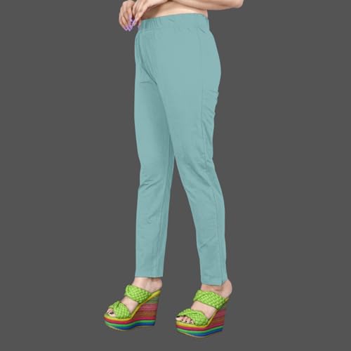 Image of Women's Solid Cotton Lycra Pants - High Waist Slim Fit Stretchable Leggings - Comfortable Long Trousers for Casual, Office & Everyday Wear