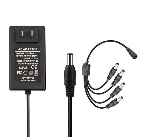 12V 4A Power Supply Adapter - COOLM AC 100-240V 50/60Hz to DC 12V4A 48W LED Transformer Charger with 5.5mm x 2.1mm 4 Way 4-Way 4CH Power Splitter Cable
