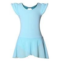 DANSHOW Collant de balé para meninas com saia de pétala de manga esvoaçante e laço nas costas, Azul claro, 6-8 Anos