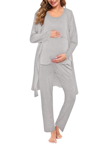 Image of SWOMOG Maternity Nursing Robe Set 3 PCS Women Postpartum Pajamas Breastfeeding Labor Delivery Hospital Pregnancy Pjs