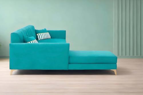 Image of Adorn India Premium Luster 8 Seater L Shape Sofa Set with 2 Puffy & 1 Center Table | Velvet Suede Fabric | 3-Year Warranty | LHS | Aqua Blue with Golden Legs & Striped Pattern Cushion