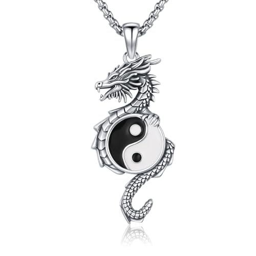 Large Yin Yang Dragon/Koi Fish/Phoenix/Necklace 925 Sterling Silver Dragon Pendant Necklace Yin Yang Jewelry for Men with 22+2 in Chain and Gifts Box