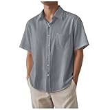 リネンシャツ メンズ 半袖 折り襟 夏服 カジュアル 襟付き ボタンアップ 開襟シャツ 凹凸 ストライプ 無地 カットソー ゆったり 柔らかい 軽い トップス 通気性 大きいサイズ リラックスフィット 人気 仕事 作業着(L/B-グレー)