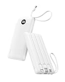 VRURC Portable Charger Power Bank, USB C Battery Pack 10000mAh,5 Outputs 2 Inputs Pocket Travel Charging Bank Built-in Cables for iPhone 17 Pro 17 16 15 14 13,Samsung,Android-White(1 Pack)