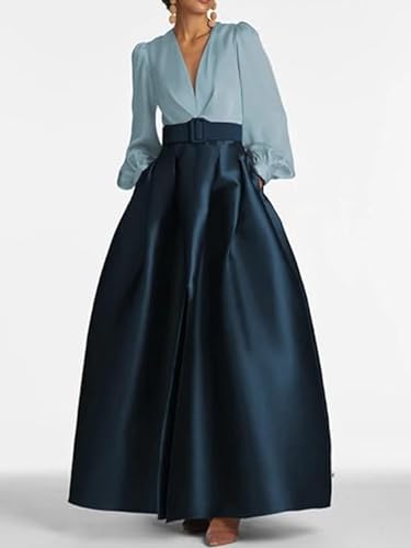 Elegant A-Line Satin Evening Dress V Neck Long Sleeve Floor Length Wedding Guest Dress with Pleats2