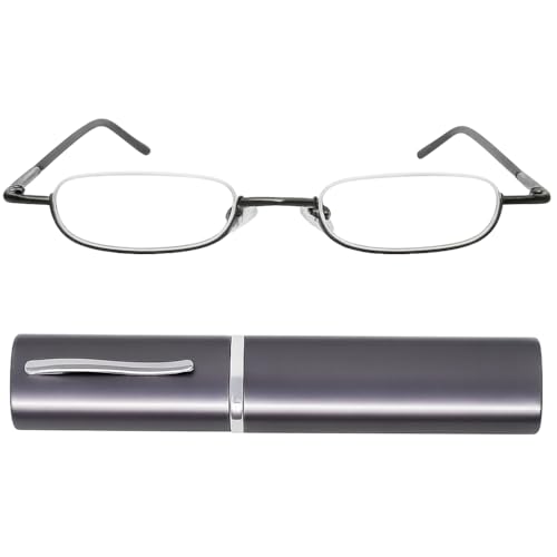 Mini Brille - Lunettes de Lecture à Monture Demi - Lune Légère en Métal (Graphite), Boite Lunette Mince en Aluminium Inclus, Lunette Homme et Femme + 2.0 Dioptrie