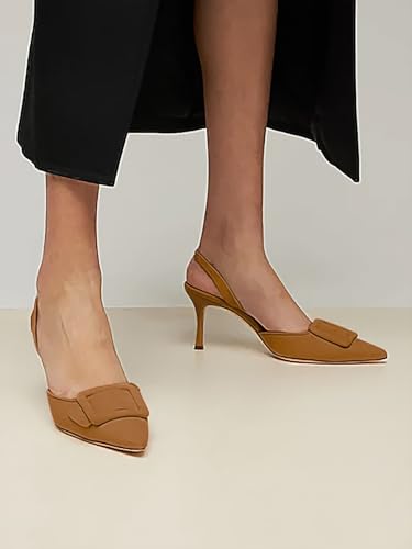 Coutgo Womens Slingback Heels Kitten Heel Pumps Dress Shoes Sling Back Closed Pointed Toe Suede Wedding Party Sandals2