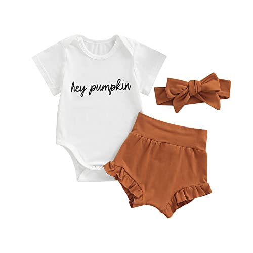 Image of Eadrioss 3Pcs Infant Baby Girl Halloween Outfits - Hey Pumpkin Print Romper Bodysuit Ruffle Shorts Set Headband Fall Clothes