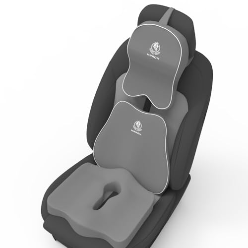 Image of MRRON Memory Foam Car Seat Cushion Combo - Backrest, Coccyx Cushion & Neckrest - Orthopedic Support for Back, Tailbone, Sciatica & Neck Pain - Ergonomic Comfort for Car, Office. (Grey, Slim Backrest)