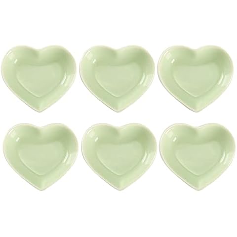 WHJY Green Love Heart Shaped Ceramic Side Dish Bowl, Contemporary Porcelain Side Dishes Bowl, Seasoning Dishes Soy Dipping Sauce Dishes for Wedding Birthday Party- Set of 6 Cover