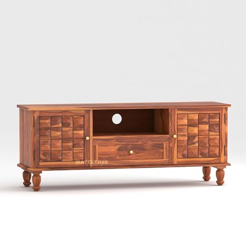 Image of Sheesham Wooden TV Unit for Living Room 55+ Inch Furniture - WoodenTV Unit with Drawer Shelves & 2 Door Wooden TV Cabinet for Living Room - Fits up to 55-Inch TV (James, Honey Finish)