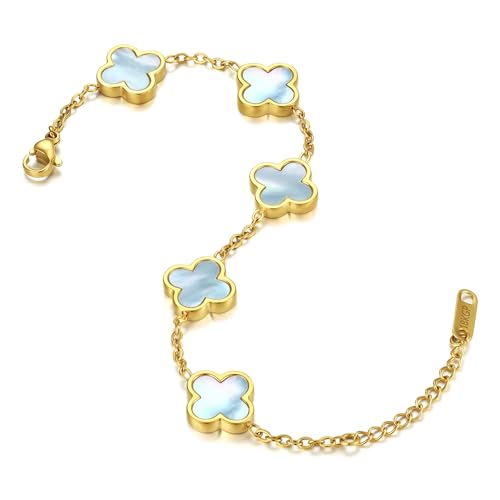 Genuine Mother of Pearl Four Leaf Clover Bracelet, 18K Gold Plated Dainty Jewelry, Lucky Charm Gift for Women (Pearl White/Ocean Blue/Sweet Lilac)