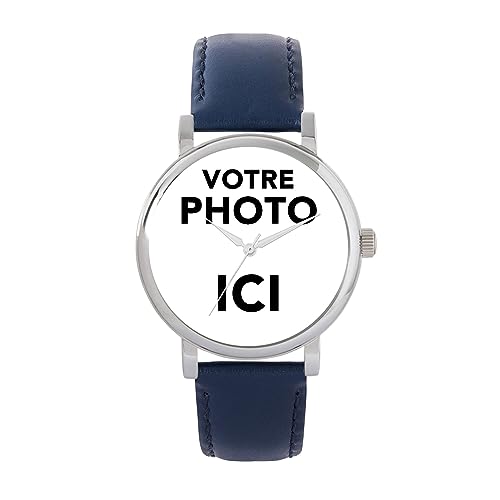Toff London Cadeaux Photo personnalisés pour Femme, Affichage analogique, Montre à Mouvement à Quartz Japonais avec Bracelet en Cuir Bleu Marine, Montre gravée sur Mesure