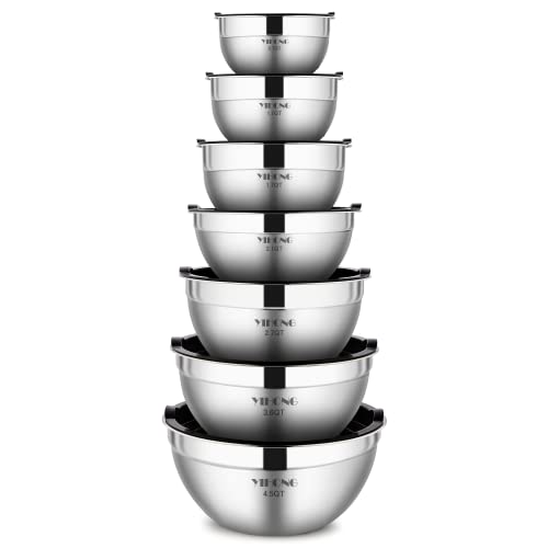 YIHONG Stainless Steel Mixing Bowls Set, 7 Piece Metal Mixing Bowls with Lids Set for Kitchen, Nesting Steel Mixing Bowls Ideal for Baking, Prepping, Cooking, and Serving Food