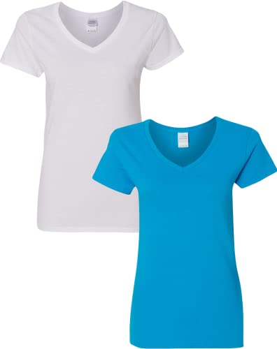 T-shirt Gildan Women's encolure V 2 paquets, XL, blanc/saphir
