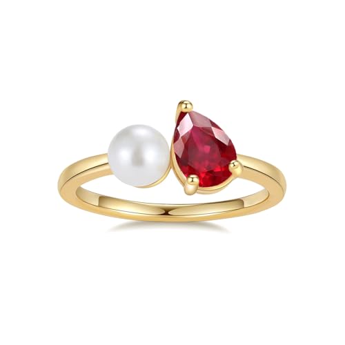 10K 14K 18K Gold Pearl and Gemstone Toi Et Moi Rings for Women Freshwater Cultured Pearl and Pear Birthstone Ring Unique Engagement Anniversary Ring Jewelry Gifts for Her