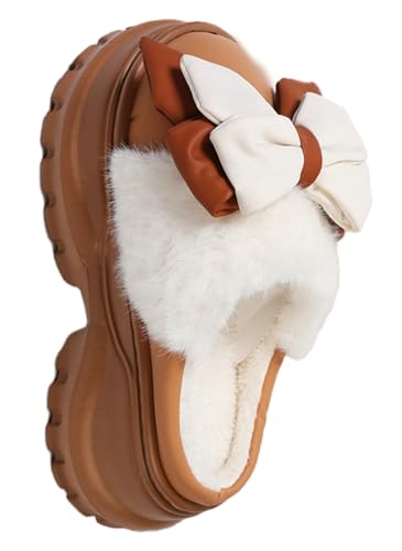 Chunky Heel Bowknot Plush Slippers Women’s Warm Fleece - Lined Non - Slip EVA Sole Indoor Outdoor House Shoes