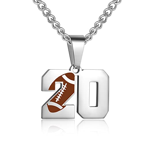 AIAINAGI Football Number Necklace for Men Athletes Jersey Number Pendant Silver Stainless Steel Charm Number Chain Sport Jewelry Gift for Men(20)